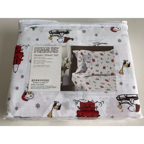 Peanuts Snoopy Charlie Brown Holiday Christmas Queen Size Soft Sheet Set NEW - Picture 8 of 15